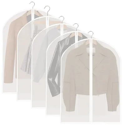 Produktbild von Set mit 5 Kleidersäcken, 60 x 80 cm, staubdicht, transparent mit Reißverschluss, waschbar, feuchtigkeitsbeständig, schimmelresistent, kurze Kleidersäcke zur Aufbewahrung von Hemden und Anzügen