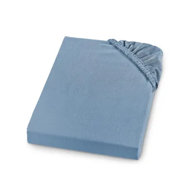 A light blue fitted sheet is shown on a white background.