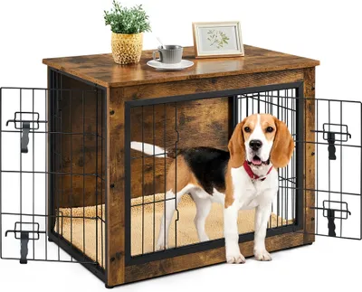 Produktbild von Yaheetech Hundebox für Zuhause, Hundekäfig Möbel, moderne Hundehütte indoor, mit Hundedecke & 2 Türen, 80 x 56 x 64 cm, Braun