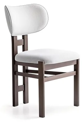 Image de Chaise moderne, blanche et marron, revêtue, idéale pour une salle à manger, en bois, design