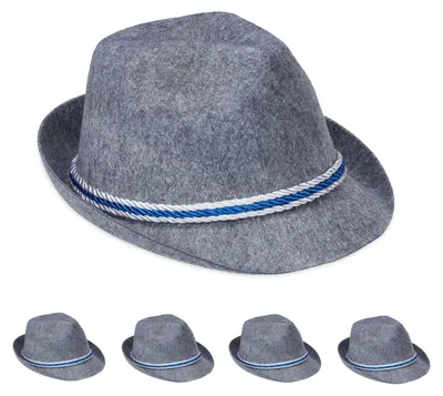 Productafbeelding van Relaxdays Traditionele hoed van Beieren, set van 5, blauw-wit koord, vilten hoed met rand, Beierse hoed voor kostuums, polyester, donkergrijs