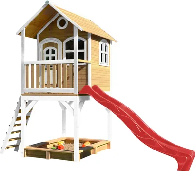 Produktbild von AXI Spielhaus Sarah mit Sandkasten & roter Rutsche | Stelzenhaus in Braun & Weiß aus Holz für Kinder | Spielturm mit Wellenrutsche für den Garten