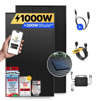 Produktbild von Balkonkraftwerk 1000W Solaranlage mit Ziegeldach Halterung (Paarmontage) Steckerfertig Komplettset Photovoltaik Anlage 800W, Kabellänge: 10m, Solakon