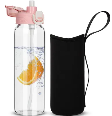 Produktbild von Trinkflasche Glas mit Rietje, 0,8 l, Borosilikatglas, mit Neopren-Schutzhülle, für unterwegs