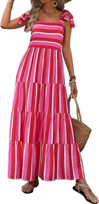 Produktbild von Sommerkleid 2024 mit Blumenmuster, ärmelloses Maxikleid für den Strand, lässig mit Spaghettiträgern und Stufenrock