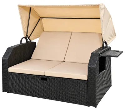 Produktbild von Strandkorb Schwarz Sonnendach Sonnenliege Sonnenbett Polyrattan Lounge Garten