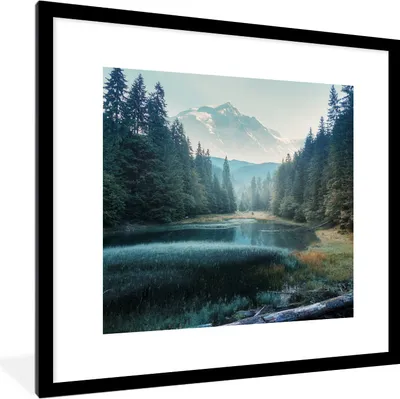 Produktbild von MuchoWow® Gerahmtes Poster Wald - Gras - Berge - Bäume - Natur 40x40 cm - Poster mit Schwarzem Bilderrahmen Wandposter Rahmen Foto Bilder - Poster - Plakat im Rahmen