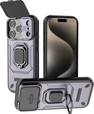 Produktbild von Hülle für iPhone 17 Pro Dual Layer Handyhülle Schiebe Kamera Schutz und Ringhalter Ständer Lila