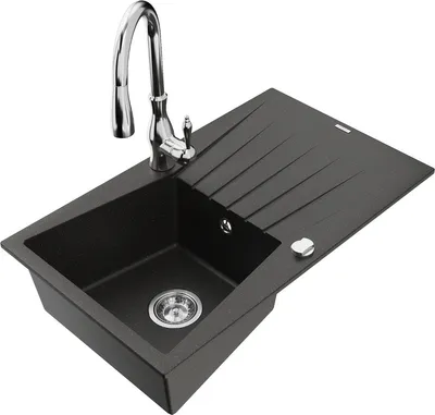 Produktbild von Mexen Cesar 1 Becken-Granitspüle mit Abtropffläche und Mischbatterie Savita, Schwarz/Gold metallisch - 6514-75-672601-00