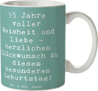 Produktbild von Mr. & Mrs. Panda Kaffeebecher Spruch 95. Geburtstag Weisheit Liebe - Meeresbrise - Geschenk, Henkelpott, Erinnerungen, Feier, Teetasse, schöne tasse, Glückwunsch, Becher