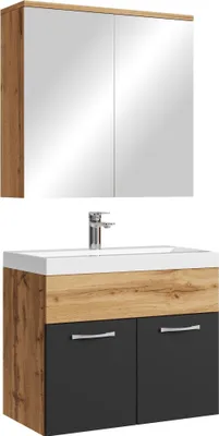 Immagine prodotto di Badplaats Set completo di mobili da bagno Montreal 60 x 35 cm rovere con nero opaco - Mobili da bagno con lavabo e armadio a specchio