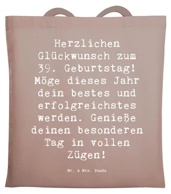 Produktbild von Mr. & Mrs. Panda Tote Bag Spruch 39. Geburtstag - Braun Pastell - Geschenk, genießen, Überraschung, Uni Tasche, Shopping, Geburtstagsgeschenk, Baumwollbeutel, Familie