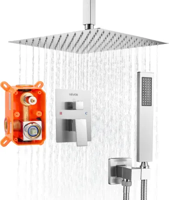 Immagine prodotto di VEVOR miscelatore doccia a pioggia per bagno Sistema doccia con soffione a pioggia quadrato da 305 mm e doccetta, montaggio a soffitto Rubinetti da bagno con valvola in ottone e set decorativo, nichel spazzolato