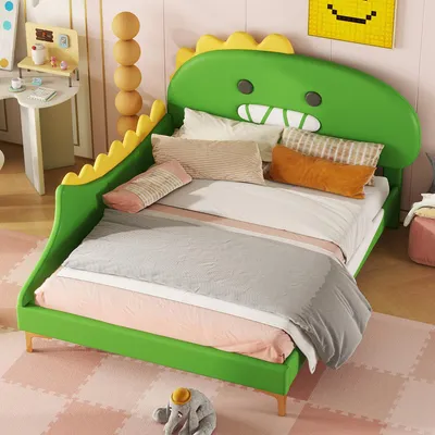 Image de OKWISH Lit Enfant Dinosaure 140×200 cm au Design Ludique - Lit Double pour Garçon ou Fille enPolyuréthaneet MDF - Sans Matelas - Vert