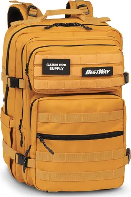A studio shot of a yellow backpack.