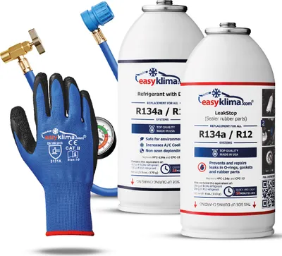 Produktbild von EasyKlima náplňová sada plyn R134a, 1x tmel R134a 1x hadica s manometrom pre klimatizačný systém, náhradný plyn pre autá od roku 1995 do roku 2016