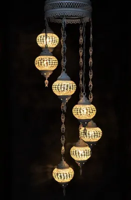 Image de Suspension avec mosaïque en verre coloré, lustre oriental fait main, blanc crème, 7 boules en verre