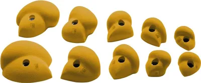 Set von 5 gelben Klettergriffen von Ocun; geeignet für Kletterwände; verschiedene Formen und Größen.
