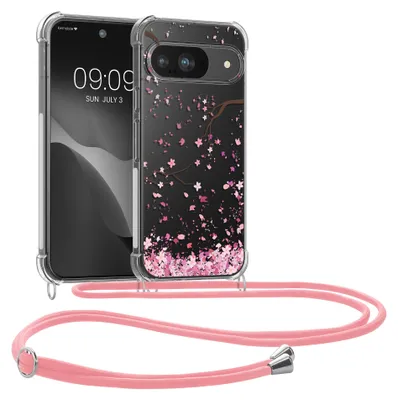 Produktbild von kwmobile Necklace Case kompatibel mit Google Pixel 9 / Pixel 9 Pro Hülle - Silikon Cover mit Handykette - Rosa Dunkelbraun Transparent