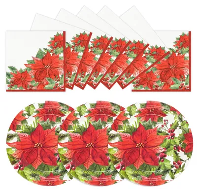 Weihnachtliches Papiergeschirr-Set, 40 Teile, rotes Blumenmuster
