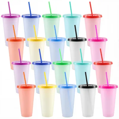 20 bunte Plastikbecher mit Deckeln & Strohhalmen, 17,5x10 cm