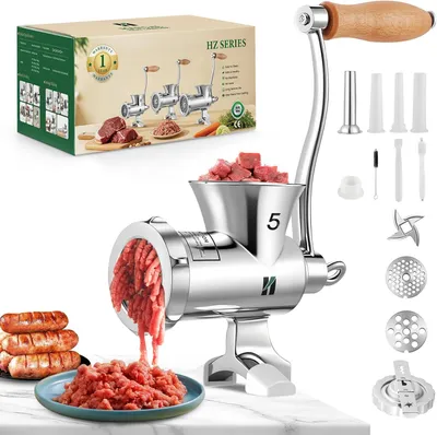 Immagine prodotto di Macinino per carne manuale in acciaio inossidabile, con accessorio per insaccare, compatto, 1,2 kg, ideale per la cucina