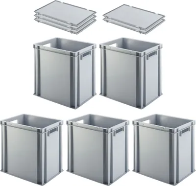 Produktbild von SuperSparSet 5x Eurobehälter mit offenem Griff und Scharnierdeckel | HxBxT 40x30x40cm | 37 Liter | Grau | Eurobox, Transportbox, Transportbehälter, Stapelbehälter