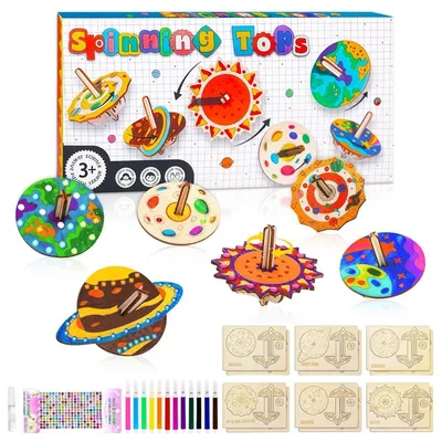 Produktbild von Holzkreisel Bastelset Planeten 12 Stück mit Stiften & Stickern