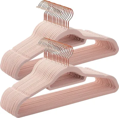 Produktbild von Set von 50 Samt-Kleiderbügeln mit Anti-Rutsch, rosa Kleiderbügel mit goldenem Haken