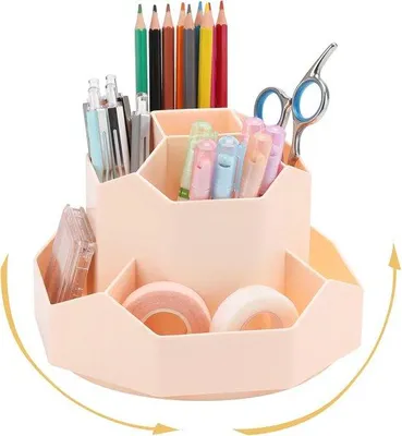Imagen del producto de Soportes giratorios para escritorio, organizador de escritorio con 9 compartimentos, soporte de escritorio multifuncional, soporte de escritorio hexagonal para el hogar y la oficina en casa (rosa)
