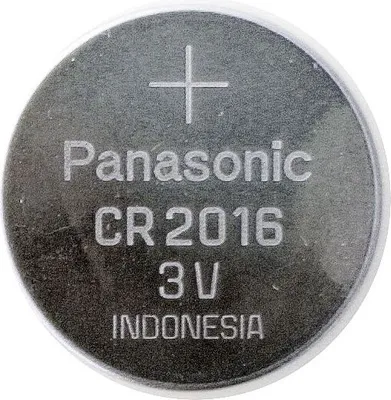 A close-up, top-down view of a single Panasonic CR2016 lithium coin cell battery.