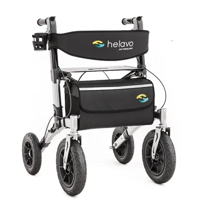 Produktbild von Helavo Rollator mit Pannensicheren Vollgummireifen für Draußen - Faltbarer Aluminium Outdoor-Rollator mit Sitz, Silber