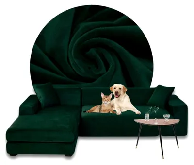 Produktbild von Ecksofa Bezug Dunkelgrün – Sofabezug L-Form – Eckcouch Überwurf – Lounge Abdeckung L-Form – Samt Stretch Couchbezug – Sofahusse für Schlafcouch - 3-Sitzer + 3-Sitzer - 2 x 190-230CM