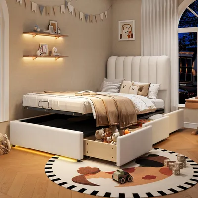 Immagine prodotto di Letto contenitore per bambini 90 x 200 cm con contenitore idraulico, 3 cassetti, illuminazione LED e testiera imbottita, letto imbottito con rivestimento in velluto, beige