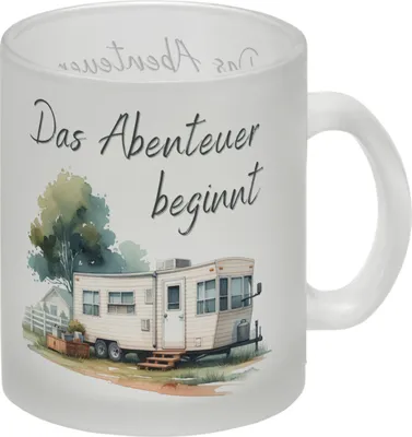 Produktbild von Wohnwagen Glas Tasse mit Spruch Das Abenteuer beginnt