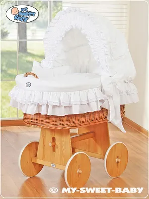 Obrázek produktu pro MY SWEET BABY Postýlka pro novorozence z přírodních vláken Bílá s dřevěným podstavcem a matrací PREMIUM