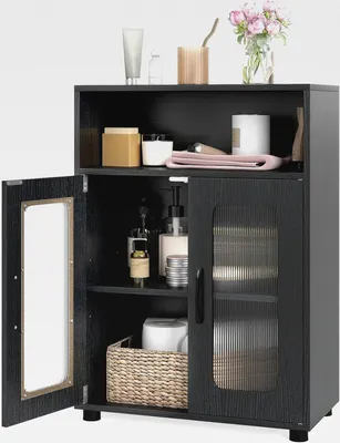 Produktbild von Badezimmerschrank freistehender, Badschrank mit 2 Türen & 3-stufig verstellbarem Regal, Nischenschrank mit erhöhten Beinen, Aufbewahrungsschrank für Wohnzimmer, Badezimmer, Küche (Schwarz)