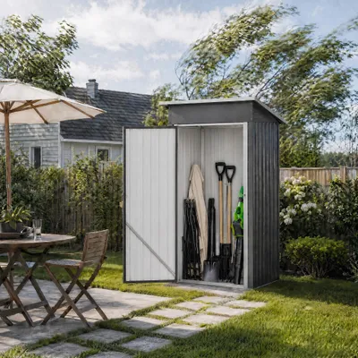 Immagine prodotto di QEENTOE, capanno per attrezzi in metallo, capanno da giardino da 4 m³, inclusa base, porta scorrevole, capanno da giardino, casetta da giardino per attrezzi, dimensioni 6 x 4 piedi, colore nero