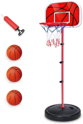 Obrázok produktu pre Uniqoos® Nastaviteľný detský basketbalový kôš, výška 100–150 cm, vhodný na použitie v interiéri aj exteriéri, stabilná základňa, ktorú je možné naplniť vodou alebo pieskom, vrátane 3 lôpt a pumpičky, pre deti vo veku 3–8 rokov