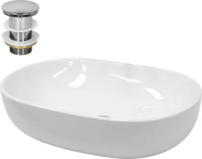 Produktbild von LuxeBath Waschbecken Aufsatzwaschbecken Oval, 60x42x14,5 cm, Weiß, aus Keramik, inkl. Ablaufgarnitur ohne Überlauf