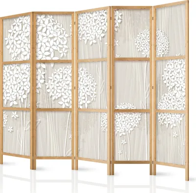A five-panel room divider with a floral design.