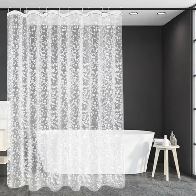 Productafbeelding van Douchegordijn, 180x220 cm, transparant EVA-materiaal, met 3 verzwaarde magneten aan de onderkant. Schimmelwerend douchegordijn met een 3D-motief van kiezelstenen en 12 douchegordijnringen.