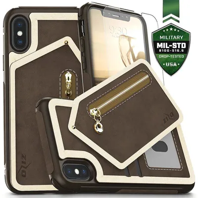 Obrázek produktu pro Zizo Nebula Wallet Case - kožené pouzdro na iPhone X s přihrádkami na karty + pouzdro na zip + 9H sklo na displej (tmavě hnědá/hnědá)