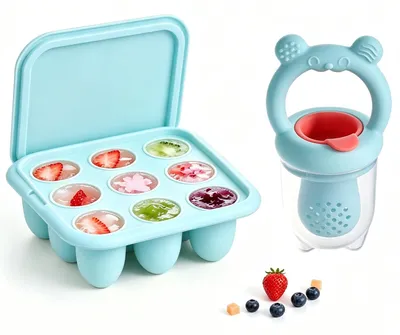 Obrázok produktu pre Dudlík pre bábätko v tvare kocky ľadu, silikónový dudlík na ovocie, dudlík na ovocné, zeleninové pyré a príkrmy, nádoba na mrazenie detskej výživy, modrá