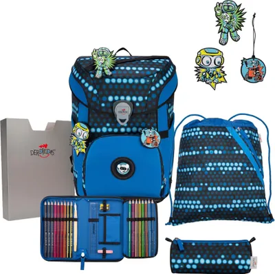 A collection of school supplies including a backpack, pencil case, and drawstring bag, all featuring a blue and black dotted pattern. Several robot-themed charms are attached to the backpack.