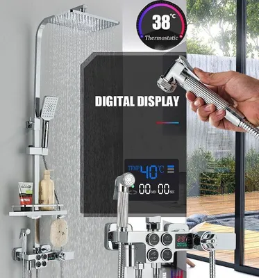 Produktbild von Thermostatische Duschsäule Edelstahl Brausegarnitur Temperaturanzeige Brausegarnitur mit Badregal