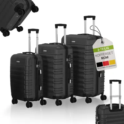 A set of three black suitcases of varying sizes, displayed against a white background. A tag is attached to the largest suitcase.