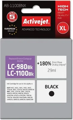 Produktbild von Activejet AB-1100BNX Tintenpatrone für Brother Drucker; Brother LC1100/LC980Bk-Ersatz; Höchste; 29ml; schwarz