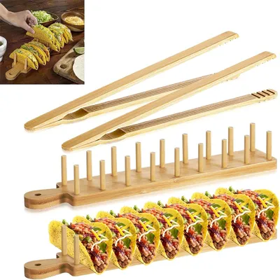 Produktbild von 4-teiliges Taco-Tablett aus Bambusholz mit Zange und Griff, Taco-Schalenhalter, für 8 Tacos, ideal für Wurstwaren, Speisen, Küche, Zuhause