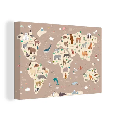 Produktbild von OneMillionCanvasses® - Leinwandbilder - 150x100 cm, Weltkarte Kinder - Tiere - Braun - Jungen - Mädchen, Wandbilder Kunstdruck Wanddekoration